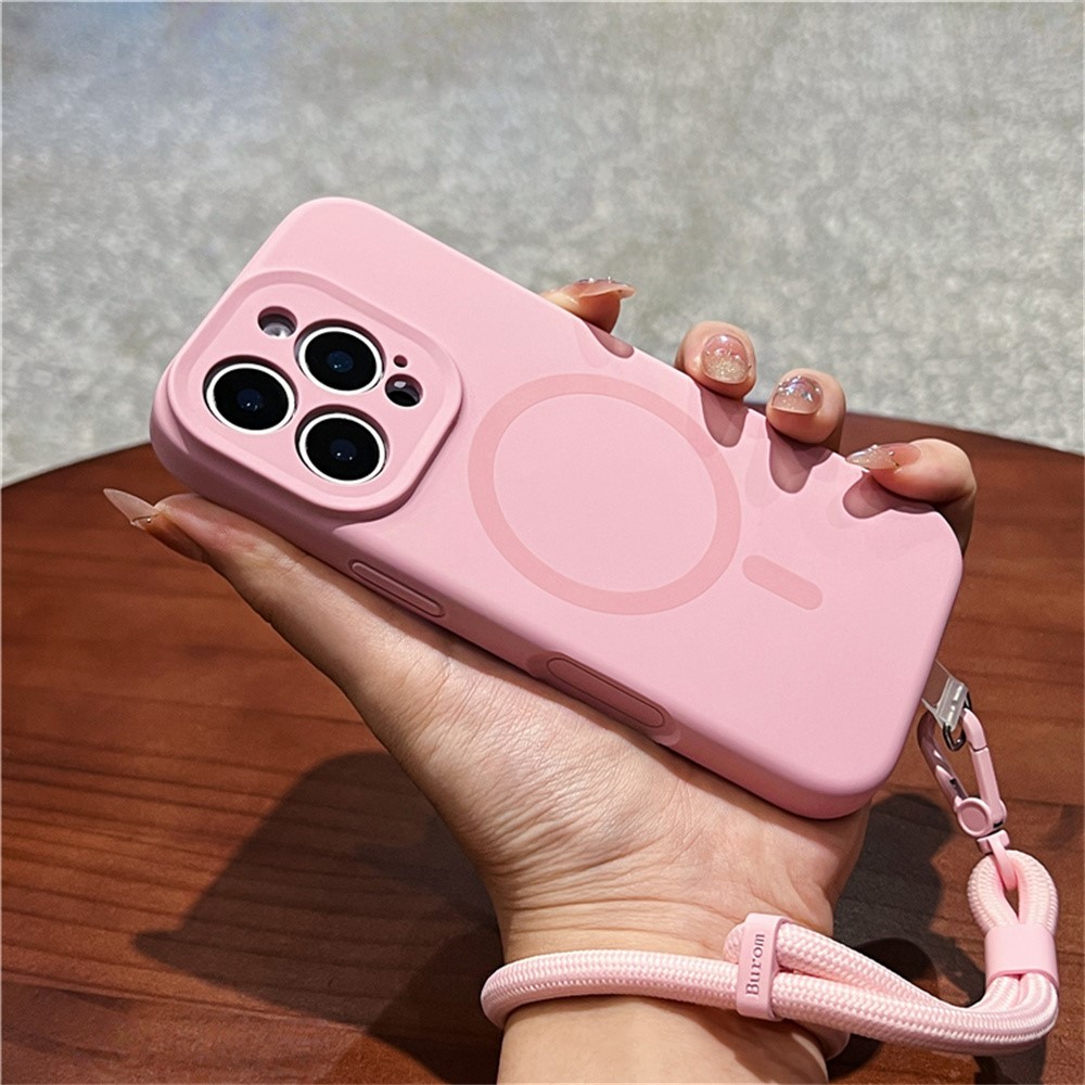 For iPhone 16 Pro Max Case Compatible with MagSafe Precise Cutouts Liquid Silicone + PC Phone Cover with Wrist Strap - Pink