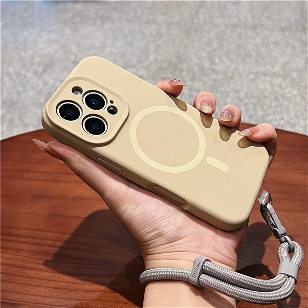 For iPhone 16 Pro Max Case Compatible with MagSafe Precise Cutouts Liquid Silicone + PC Phone Cover with Wrist Strap - Light Coffee