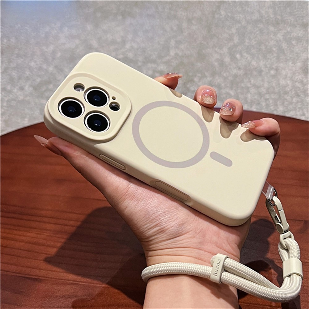 For iPhone 16 Pro Case Compatible with MagSafe Precise Cutouts Liquid Silicone + PC Phone Cover with Wrist Strap - Antique White