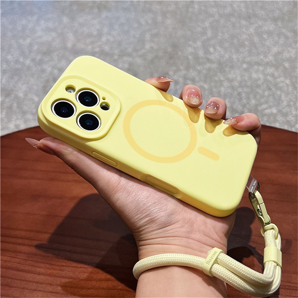 For iPhone 16 Pro Case Compatible with MagSafe Precise Cutouts Liquid Silicone + PC Phone Cover with Wrist Strap - Light Yellow