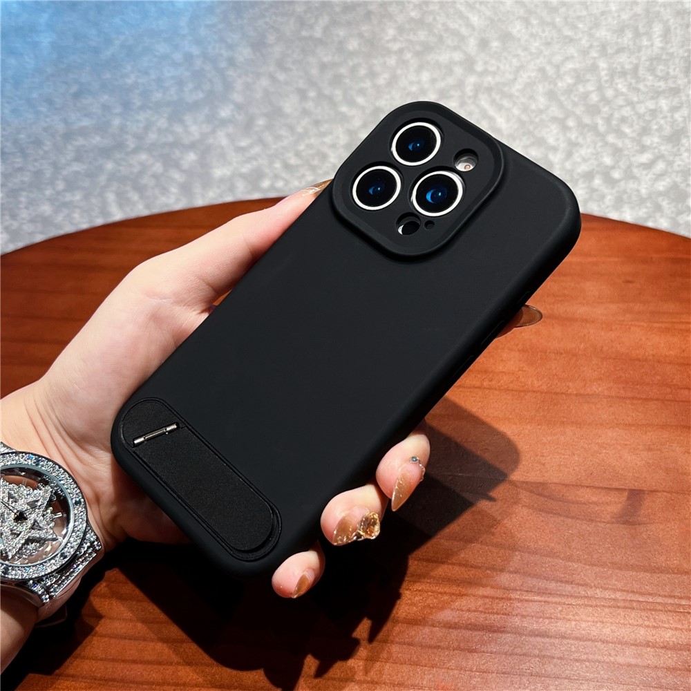 For iPhone 16 Pro Case with Kickstand Precise Cutouts Liquid Silicone + PC Phone Cover - Black