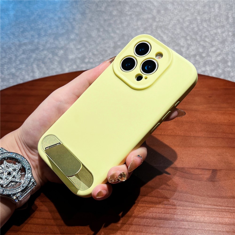 For iPhone 16 Pro Case with Kickstand Precise Cutouts Liquid Silicone + PC Phone Cover - Light Yellow