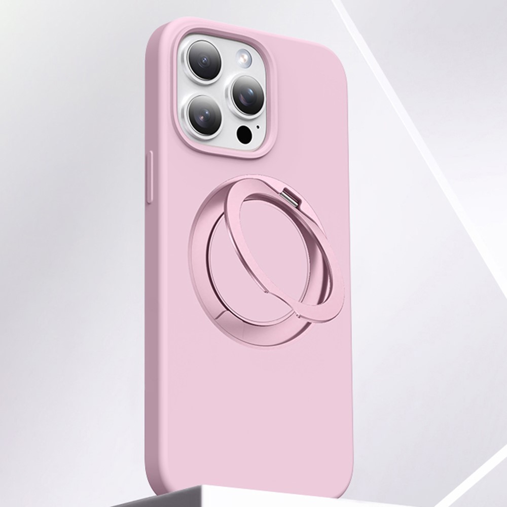 For iPhone 16 Pro Max Case Rotating Kickstand Liquid Silicone + PC Phone Cover with Camera Touch Control Button - Pink