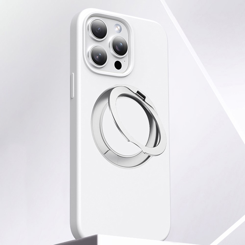 For iPhone 16 Pro Case Rotating Kickstand Liquid Silicone + PC Phone Cover with Camera Touch Control Button - White