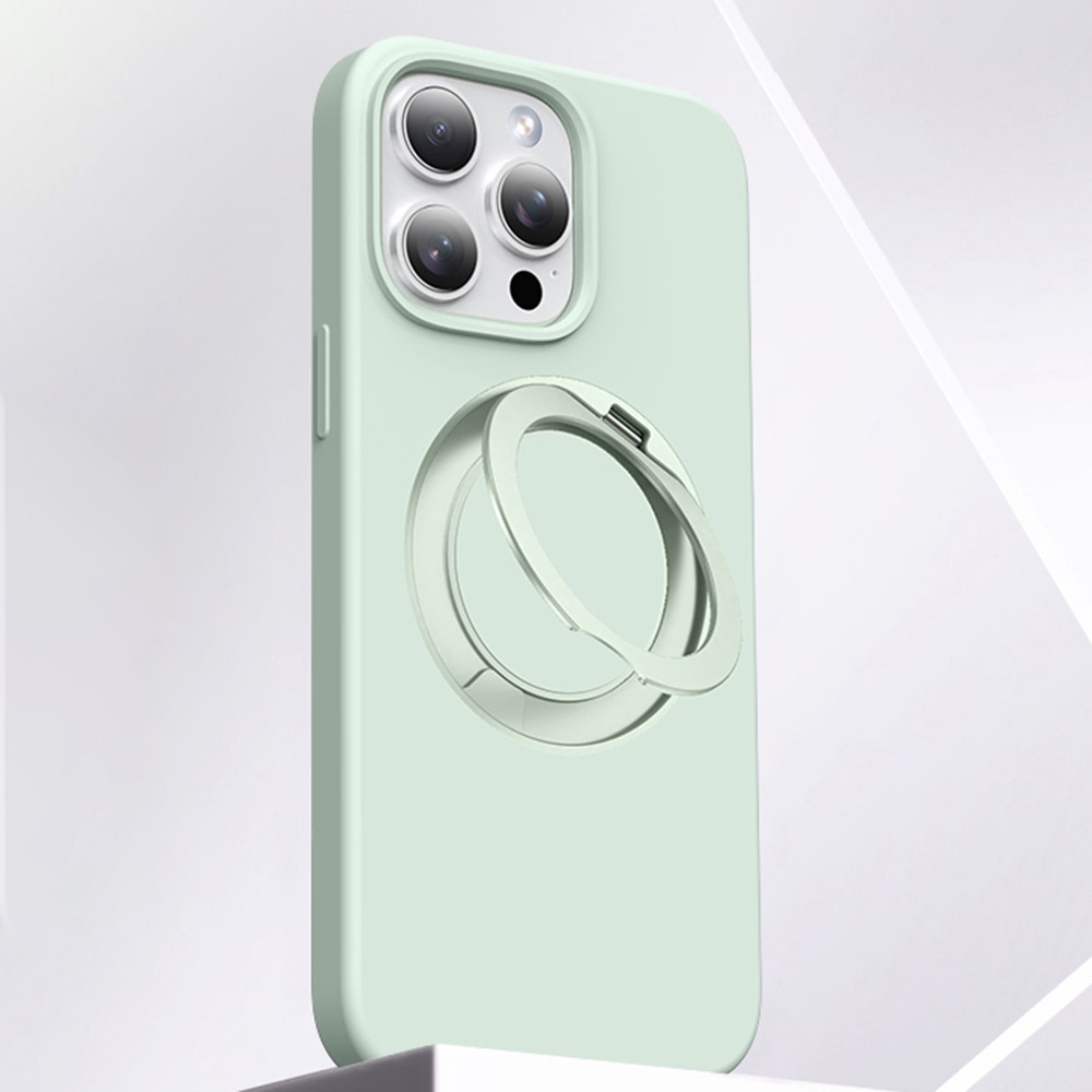 For iPhone 15 Pro Max Case Rotating Kickstand Liquid Silicone + PC Phone Cover - Light Green
