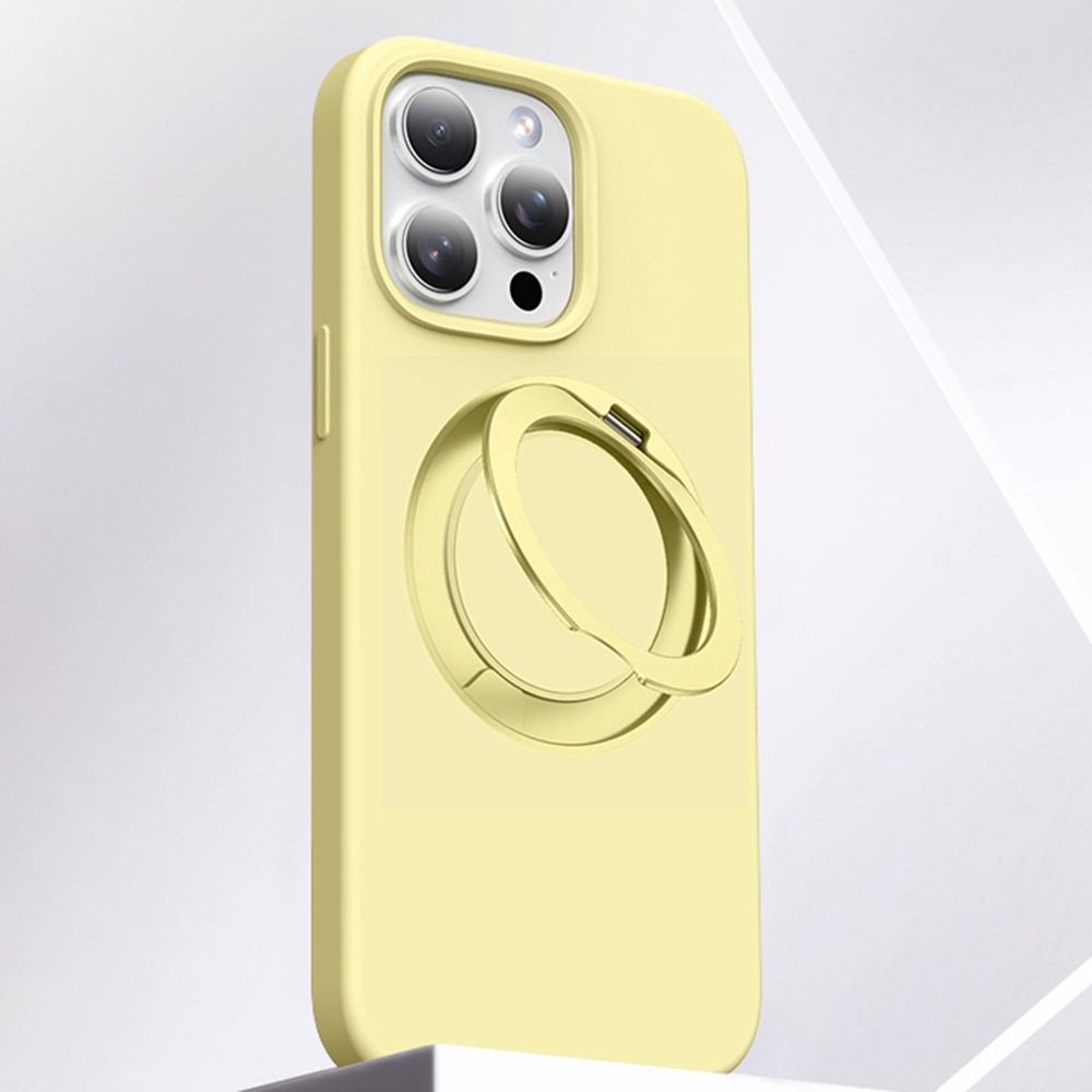 For iPhone 15 Pro Max Case Rotating Kickstand Liquid Silicone + PC Phone Cover - Light Yellow