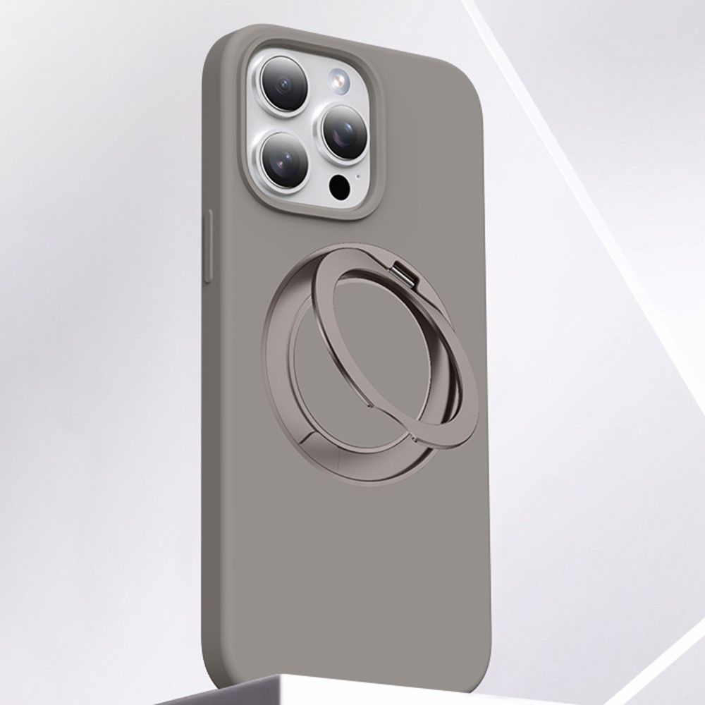 For iPhone 15 Pro Case Rotating Kickstand Liquid Silicone + PC Phone Cover - Grey