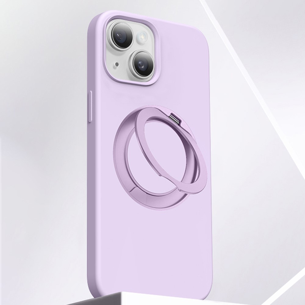 For iPhone 15 Case Rotating Kickstand Liquid Silicone + PC Phone Cover - Light Purple