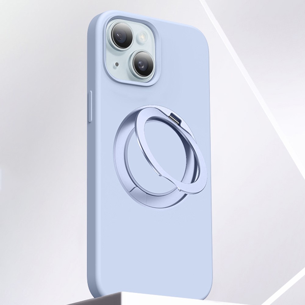 For iPhone 15 Case Rotating Kickstand Liquid Silicone + PC Phone Cover - Baby Blue