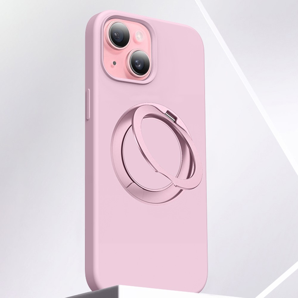 For iPhone 15 Case Rotating Kickstand Liquid Silicone + PC Phone Cover - Pink