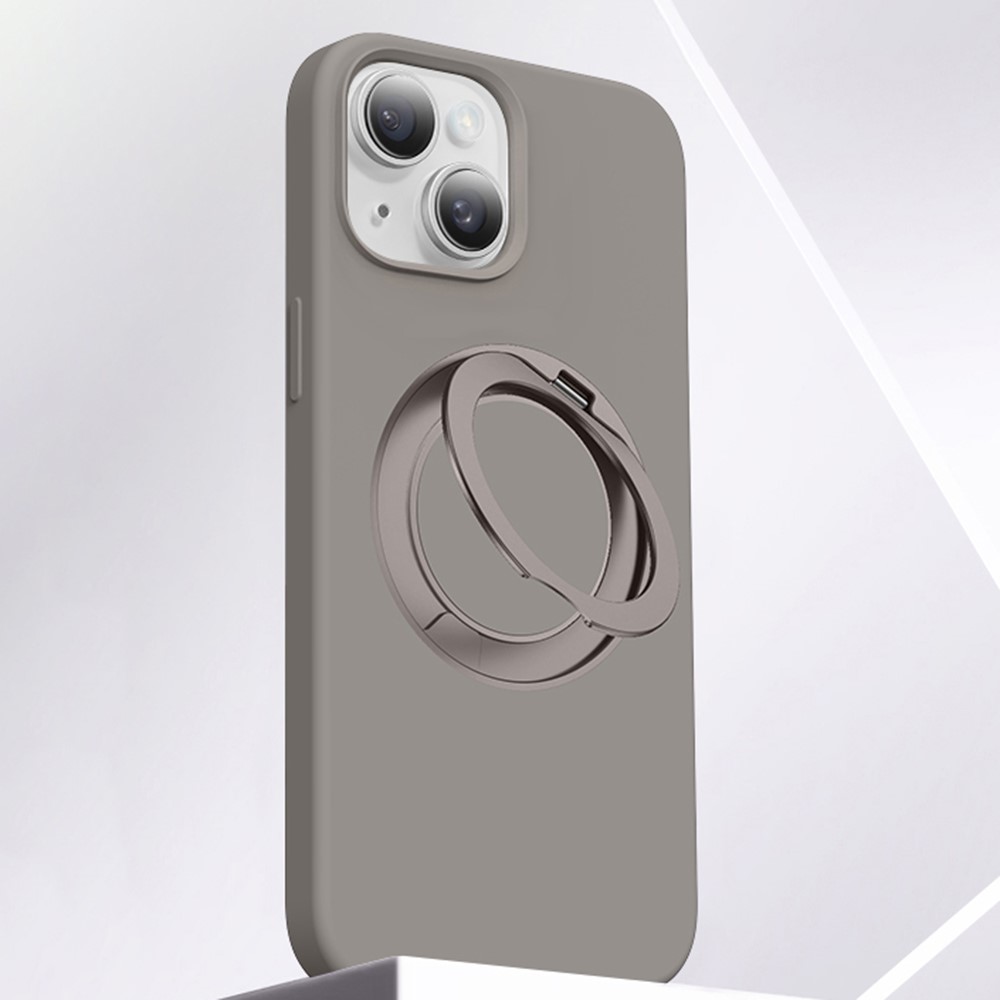 For iPhone 15 Case Rotating Kickstand Liquid Silicone + PC Phone Cover - Grey