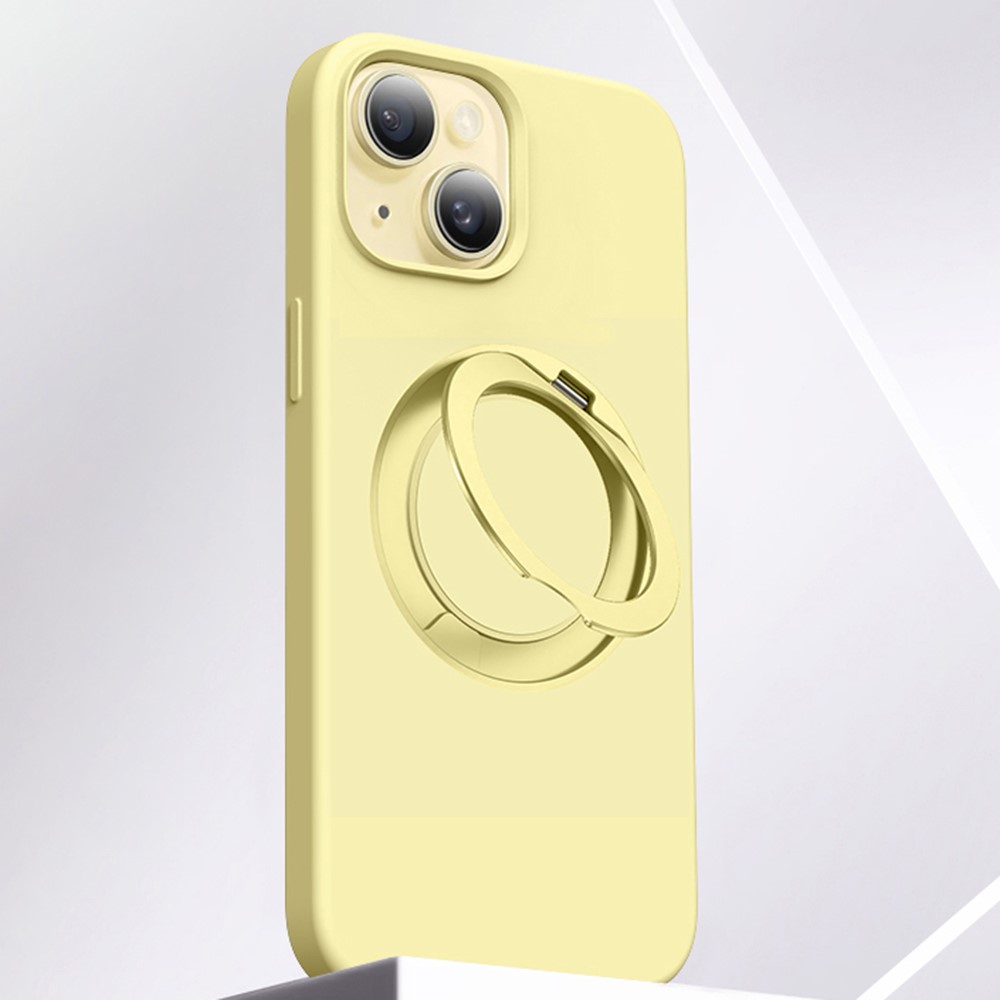 For iPhone 15 Case Rotating Kickstand Liquid Silicone + PC Phone Cover - Light Yellow