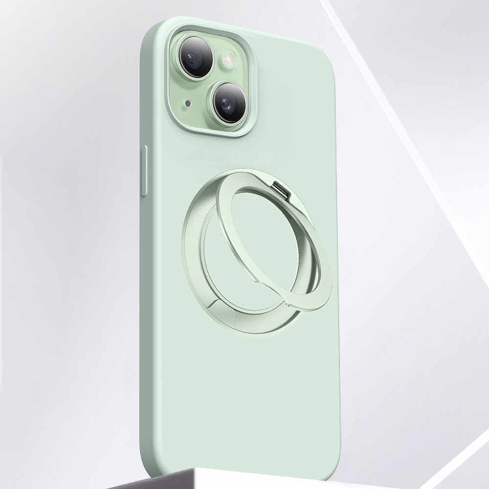 For iPhone 15 Case Rotating Kickstand Liquid Silicone + PC Phone Cover - Light Green