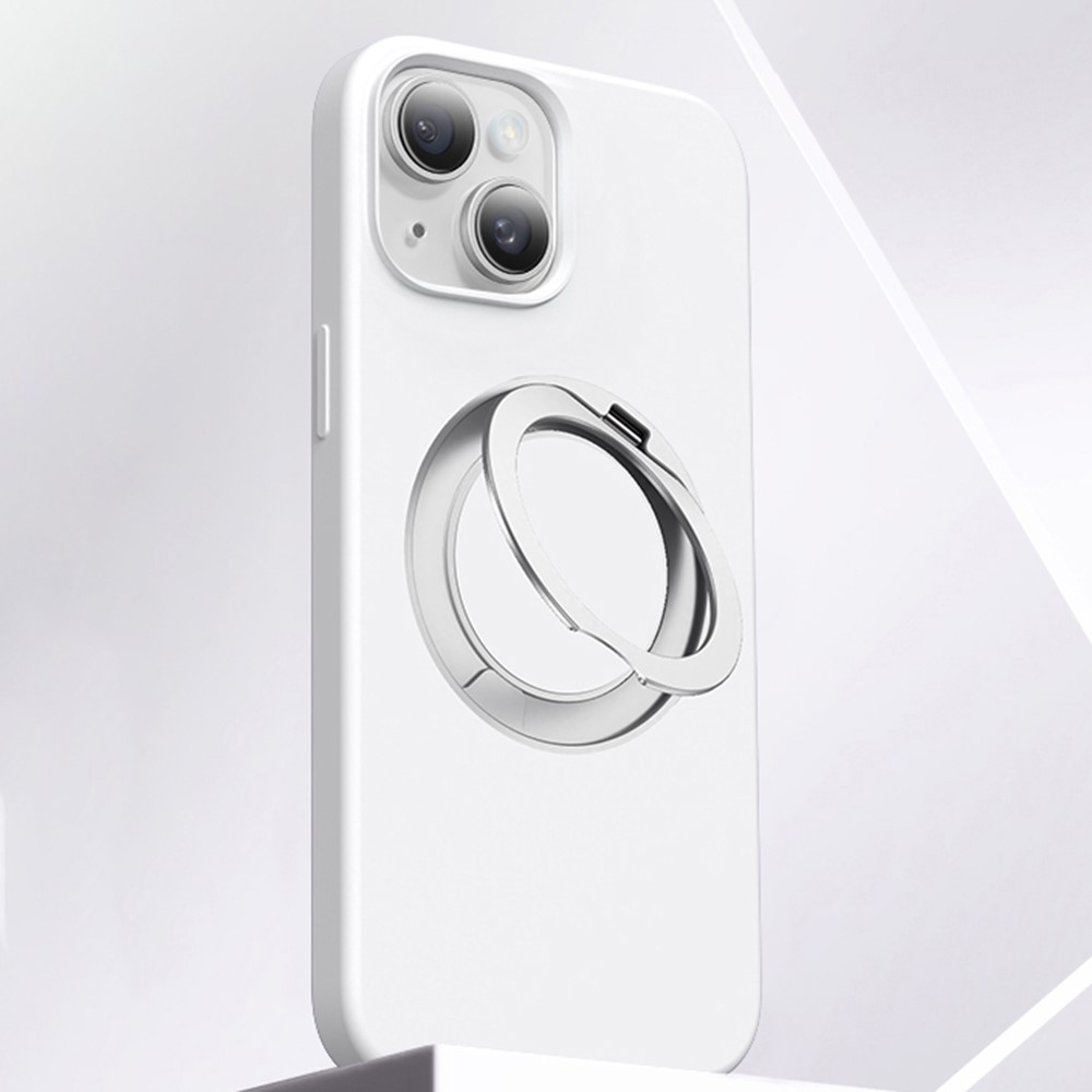 For iPhone 15 Case Rotating Kickstand Liquid Silicone + PC Phone Cover - White