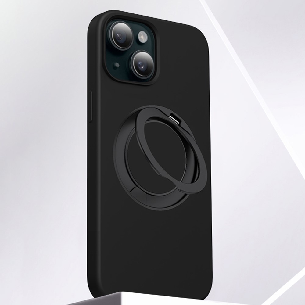 For iPhone 15 Case Rotating Kickstand Liquid Silicone + PC Phone Cover - Black