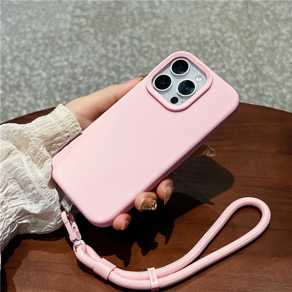 For iPhone 16 Pro Max Case Soft Microfiber Lining Liquid Silicone + PC Phone Cover with Wrist Strap - Pink