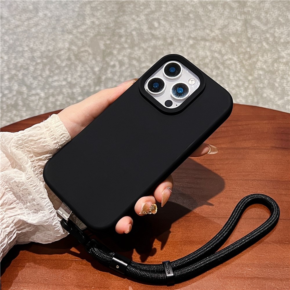 For iPhone 16 Pro Max Case Soft Microfiber Lining Liquid Silicone + PC Phone Cover with Wrist Strap - Black