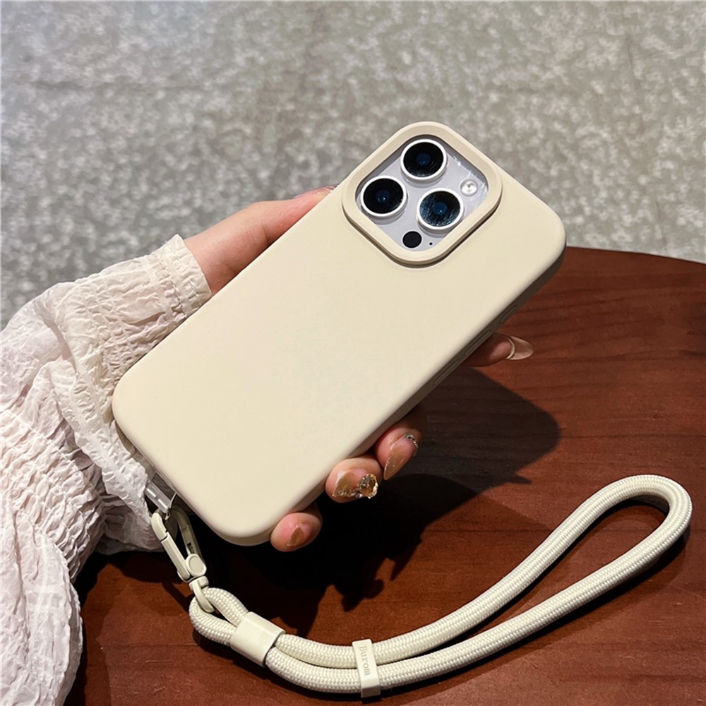 For iPhone 16 Pro Max Case Soft Microfiber Lining Liquid Silicone + PC Phone Cover with Wrist Strap - Antique White