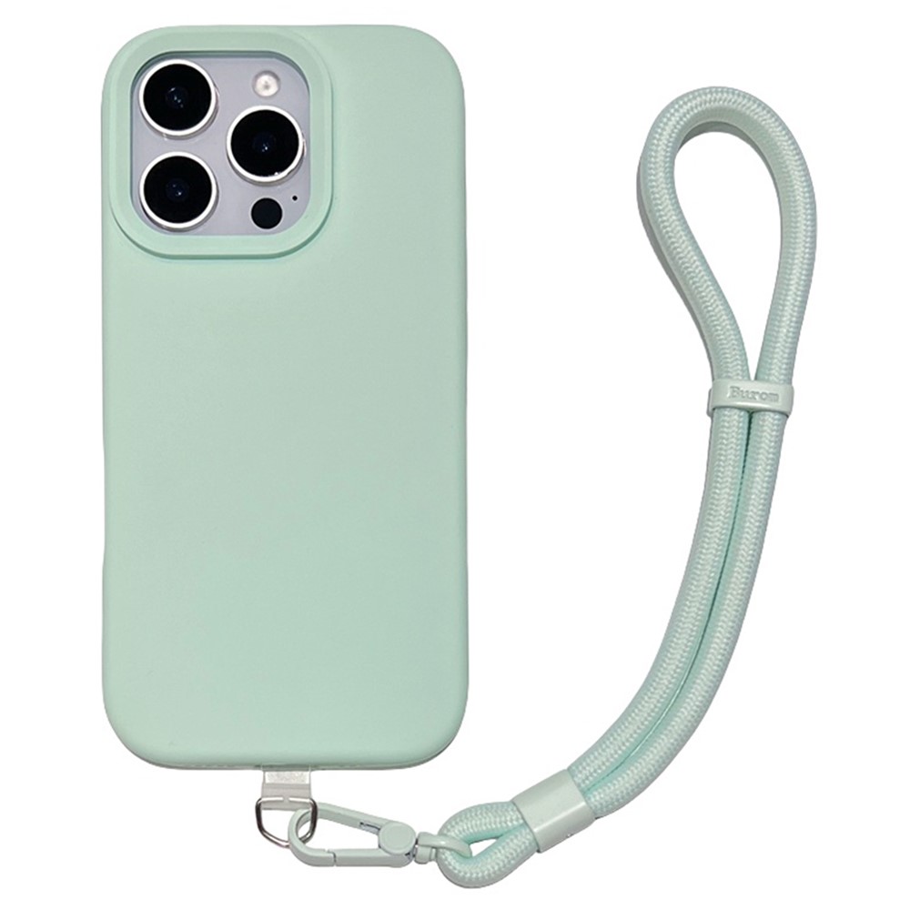 For iPhone 16 Pro Case Soft Microfiber Lining Liquid Silicone + PC Phone Cover with Wrist Strap - Light Green