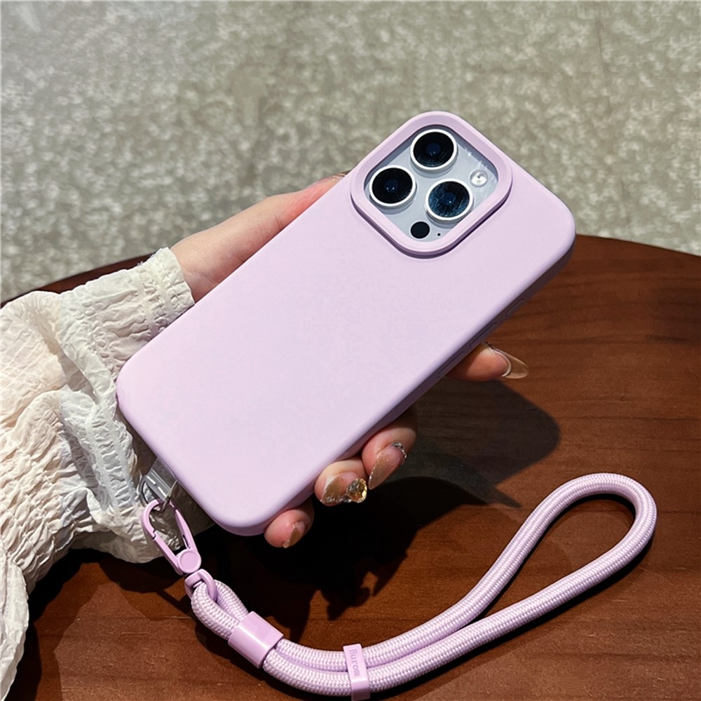 For iPhone 16 Pro Case Soft Microfiber Lining Liquid Silicone + PC Phone Cover with Wrist Strap - Light Purple