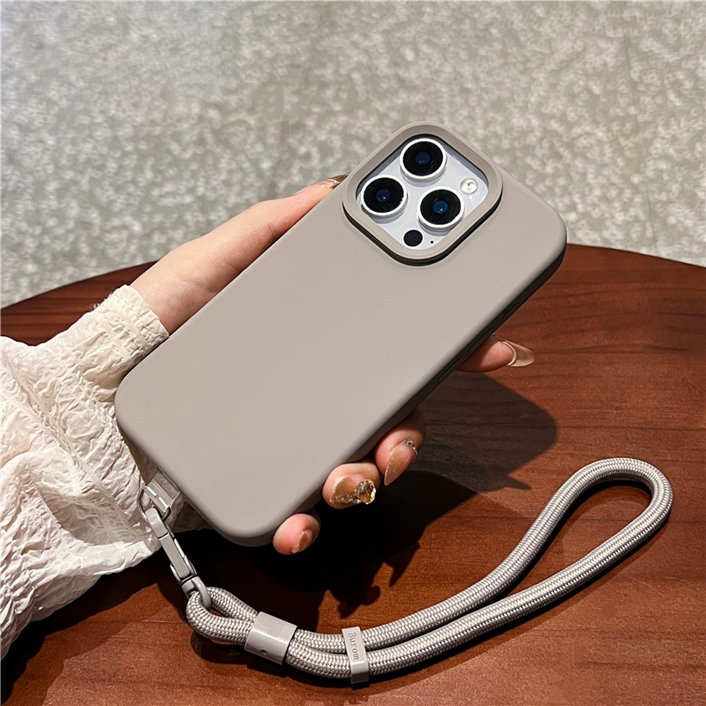 For iPhone 16 Pro Case Soft Microfiber Lining Liquid Silicone + PC Phone Cover with Wrist Strap - Grey