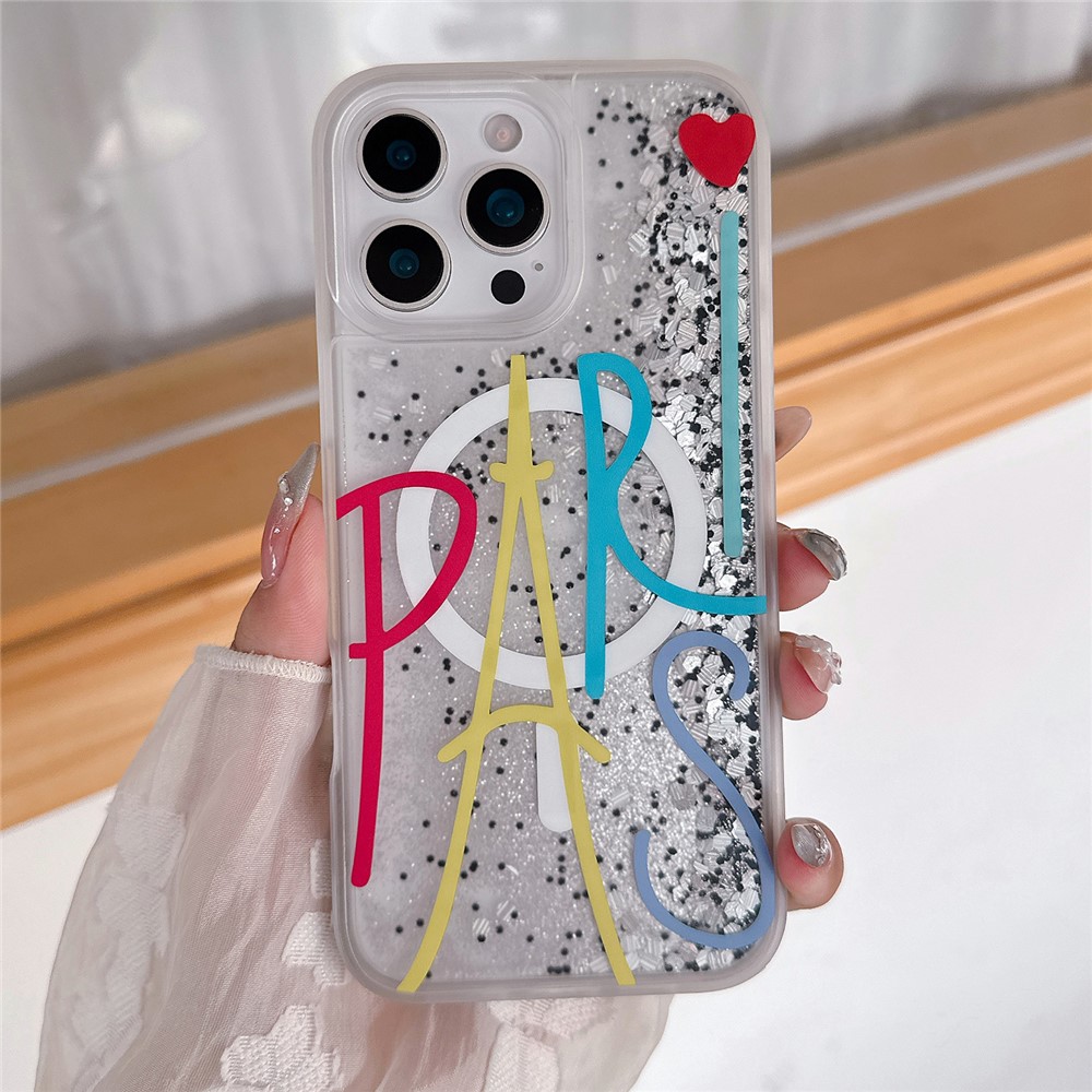 For iPhone 16 Pro Max Magnetic Case Quicksand Skin Touch Pattern TPU PC Phone Back Cover - Paris Text