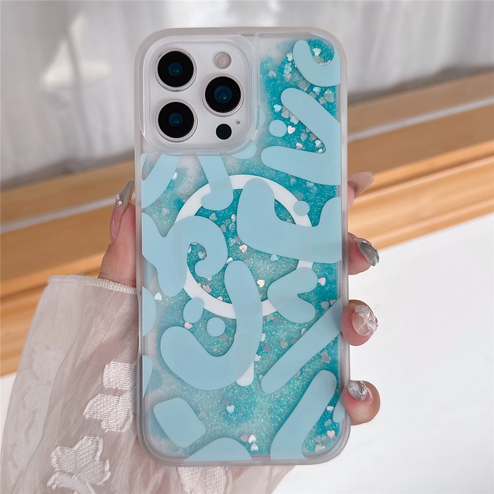 For iPhone 16 Pro Max Magnetic Case Quicksand Skin Touch Pattern TPU PC Phone Back Cover - Leopard Blue