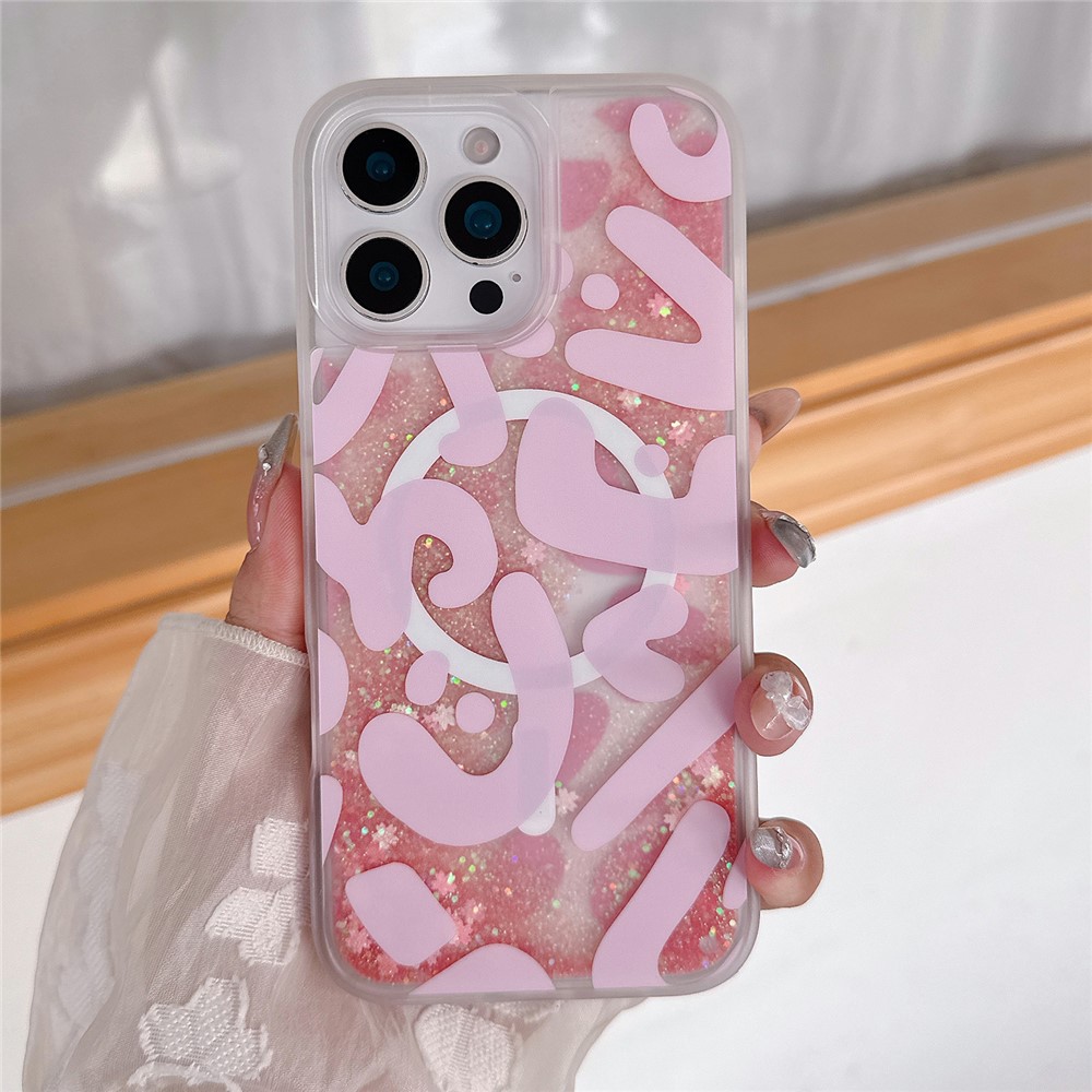 For iPhone 16 Pro Max Magnetic Case Quicksand Skin Touch Pattern TPU PC Phone Back Cover - Leopard Pink