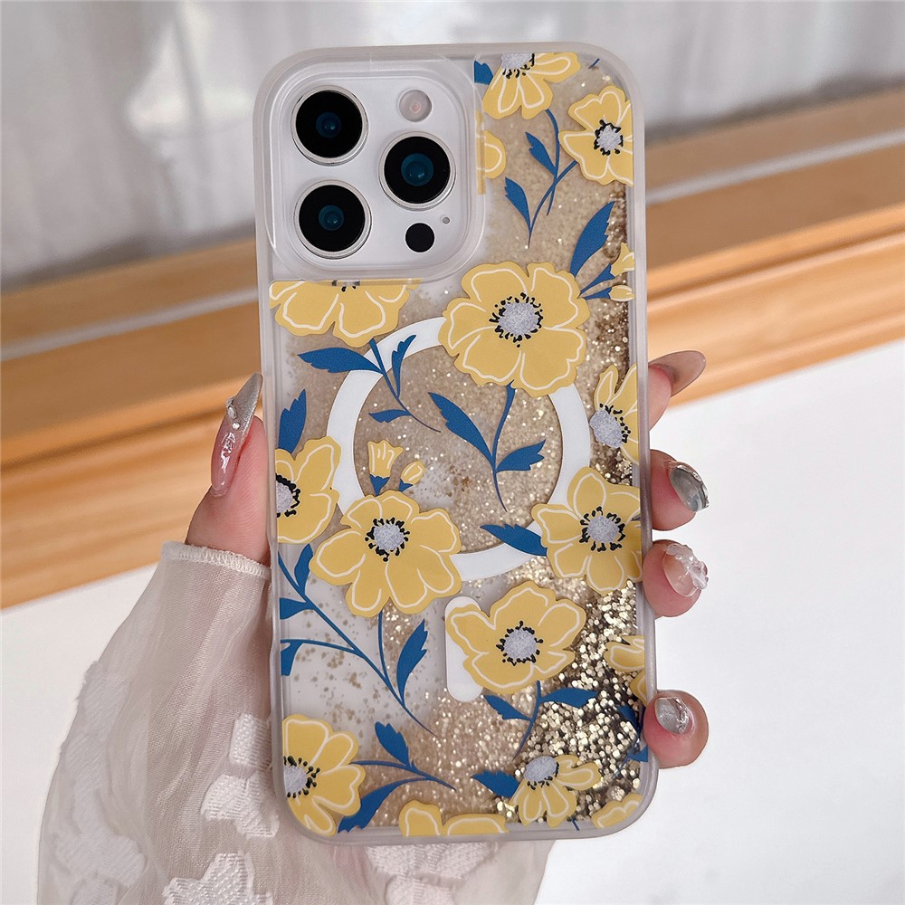 For iPhone 16 Pro Magnetic Case Quicksand Skin Touch Pattern TPU PC Phone Back Cover - Gold Floral