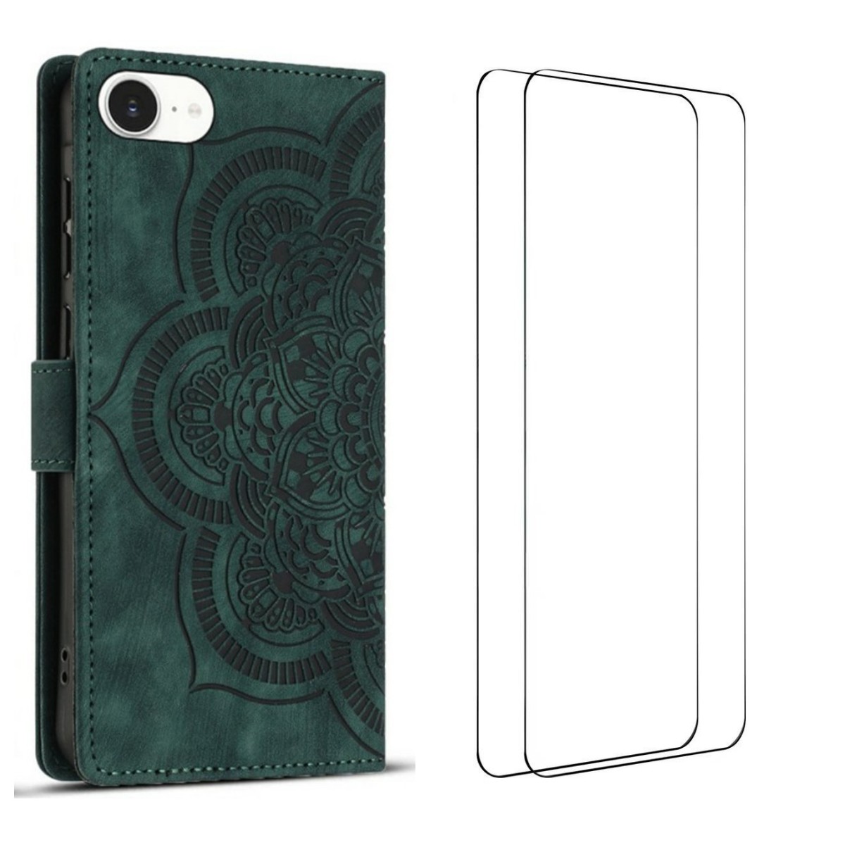 For iPhone 16e Case with 2Pcs Tempered Glass WANLONFENG MTL Series Mandala Leather Phone Cover - Midnight Green
