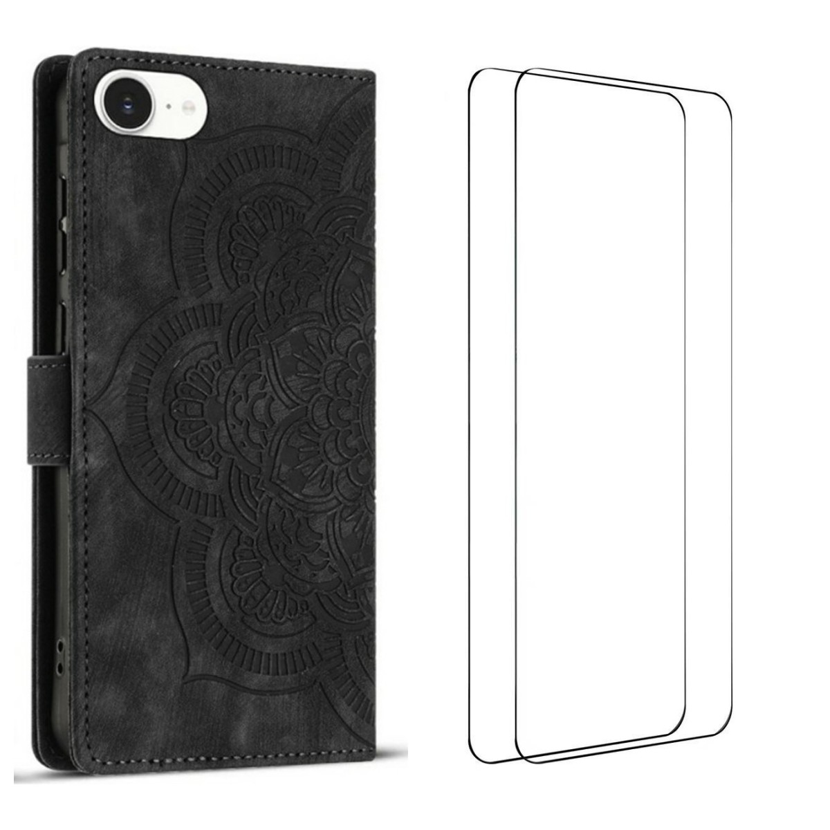 For iPhone 16e Case with 2Pcs Tempered Glass WANLONFENG MTL Series Mandala Leather Phone Cover - Black