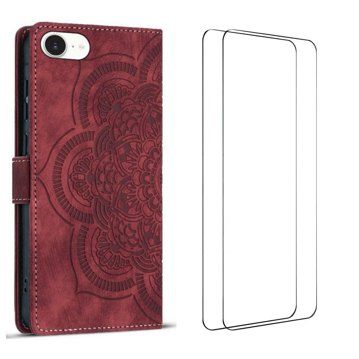 For iPhone 16e Case with 2Pcs Tempered Glass WANLONFENG MTL Series Mandala Leather Phone Cover - Red