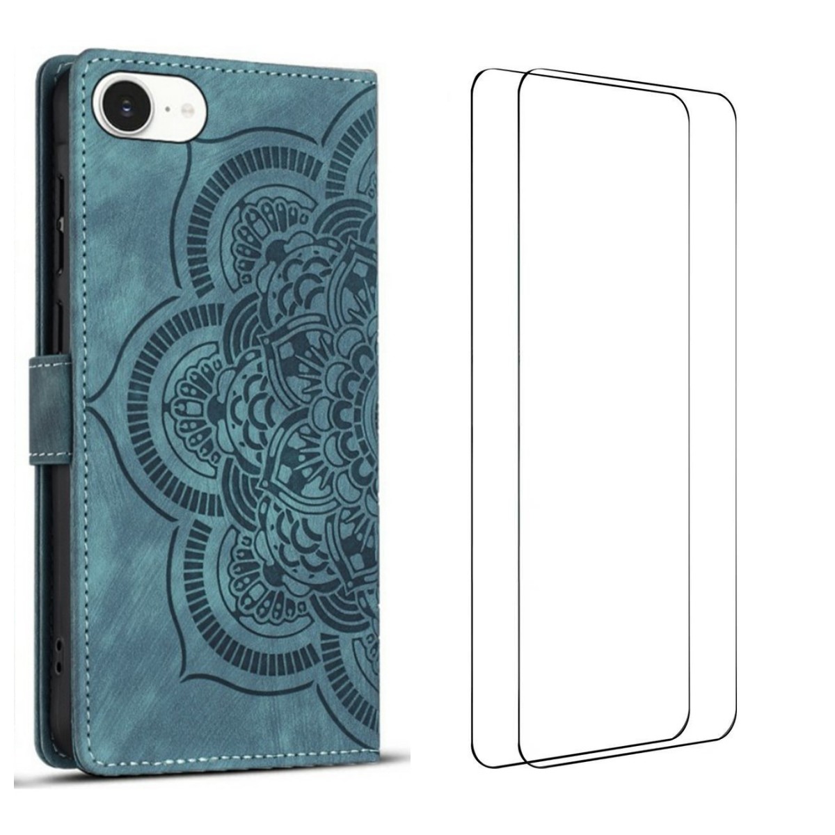 For iPhone 16e Case with 2Pcs Tempered Glass WANLONFENG MTL Series Mandala Leather Phone Cover - Blue