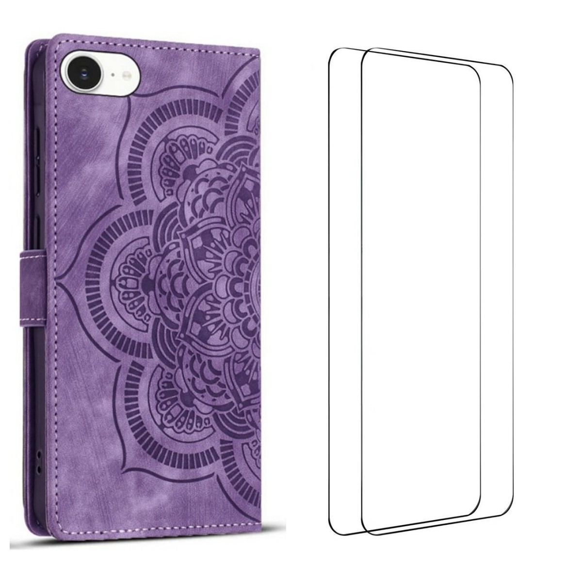 For iPhone 16e Case with 2Pcs Tempered Glass WANLONFENG MTL Series Mandala Leather Phone Cover - Purple
