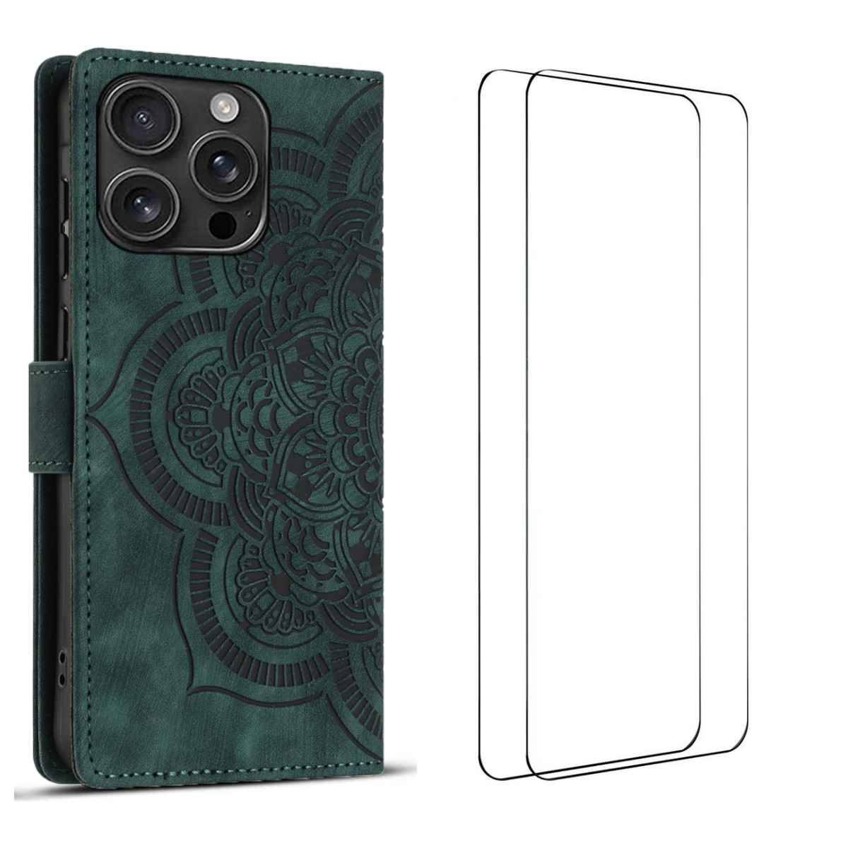 For iPhone 16 Pro Max Case with 2Pcs Tempered Glass WANLONFENG MTL Series Mandala Leather Phone Cover - Midnight Green