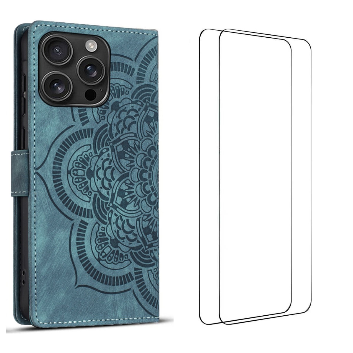 For iPhone 16 Pro Max Case with 2Pcs Tempered Glass WANLONFENG MTL Series Mandala Leather Phone Cover - Blue
