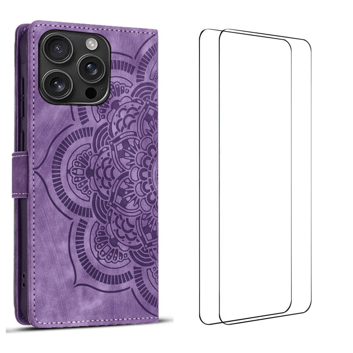 For iPhone 16 Pro Max Case with 2Pcs Tempered Glass WANLONFENG MTL Series Mandala Leather Phone Cover - Purple