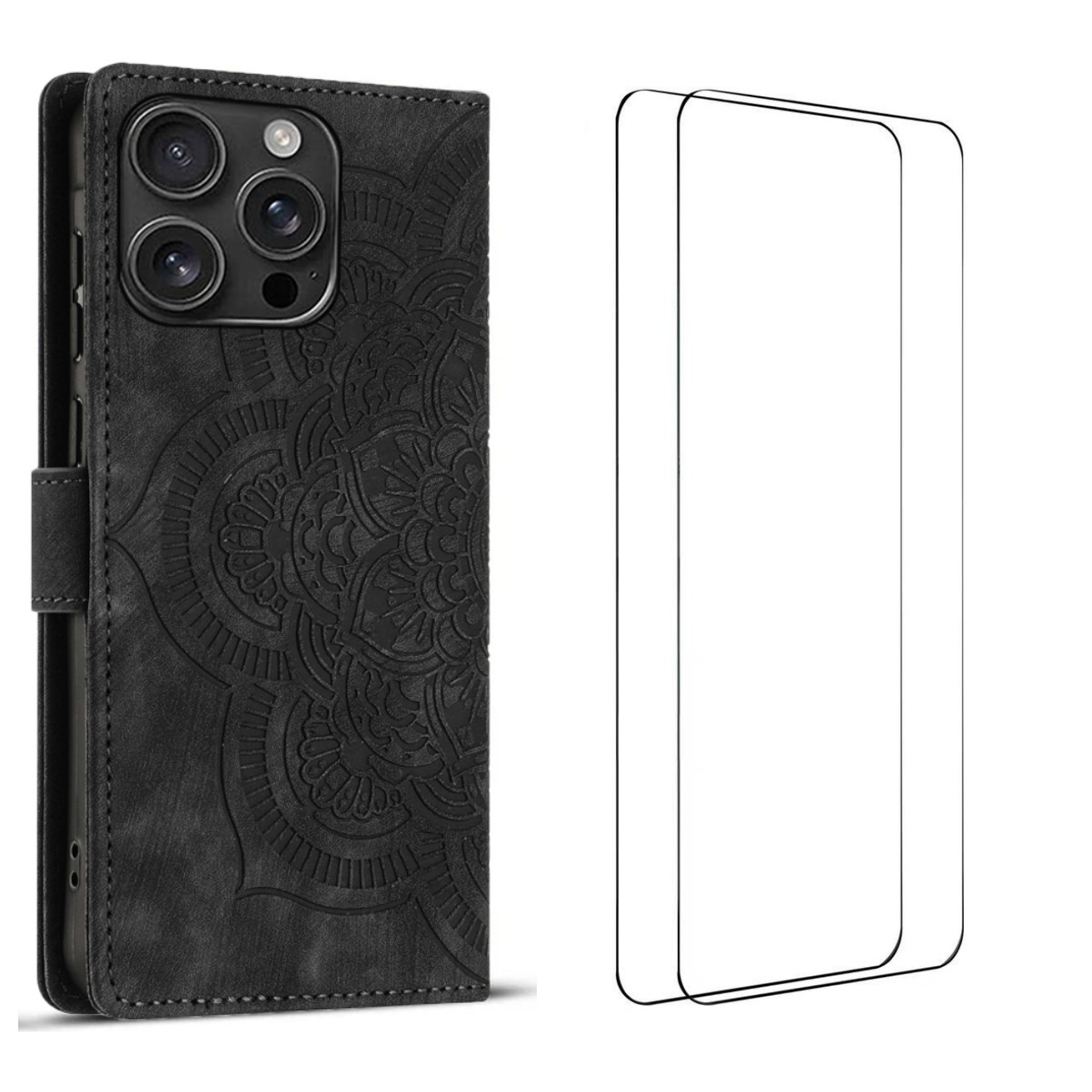 For iPhone 16 Pro Case with 2Pcs Tempered Glass WANLONFENG MTL Series Mandala Leather Phone Cover - Black
