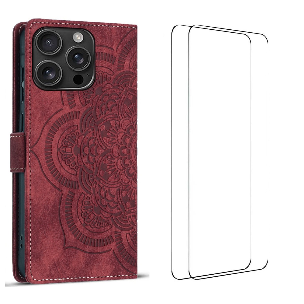 For iPhone 16 Pro Case with 2Pcs Tempered Glass WANLONFENG MTL Series Mandala Leather Phone Cover - Red