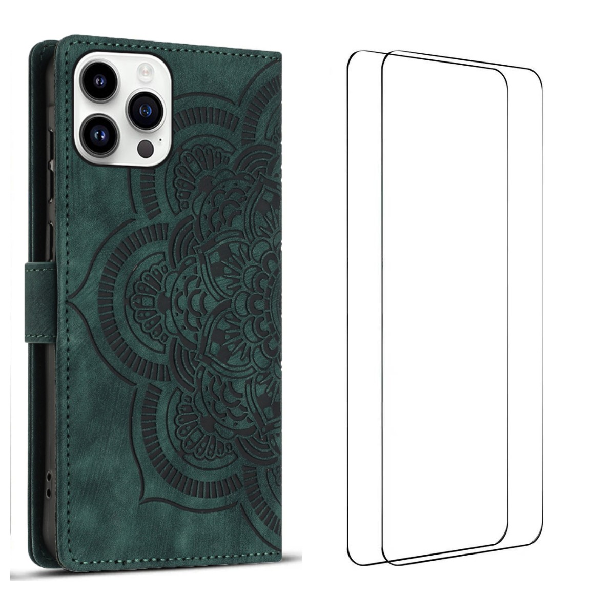 For iPhone 15 Pro Case with 2Pcs Tempered Glass WANLONFENG MTL Series Mandala Leather Phone Cover - Midnight Green