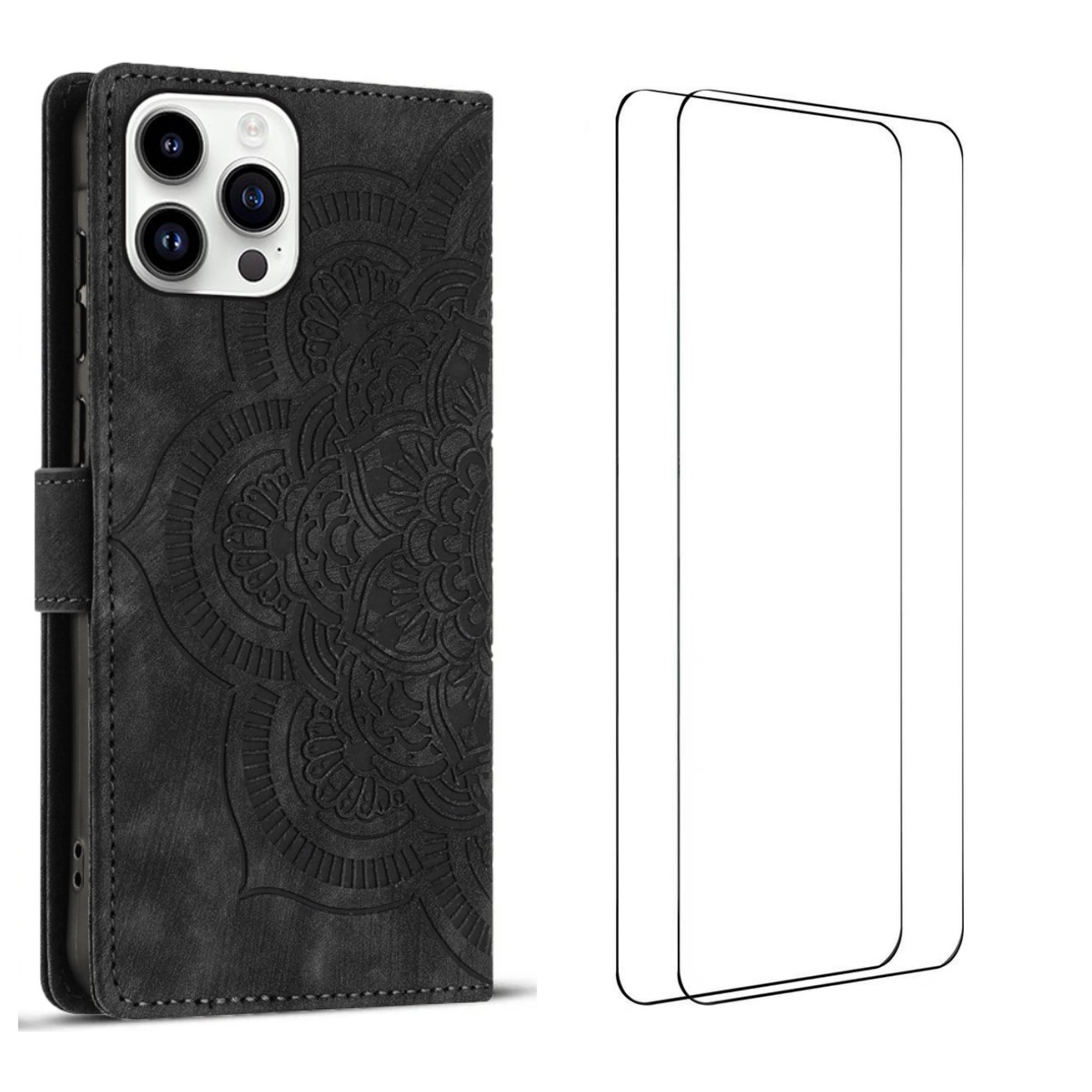 For iPhone 15 Pro Case with 2Pcs Tempered Glass WANLONFENG MTL Series Mandala Leather Phone Cover - Black