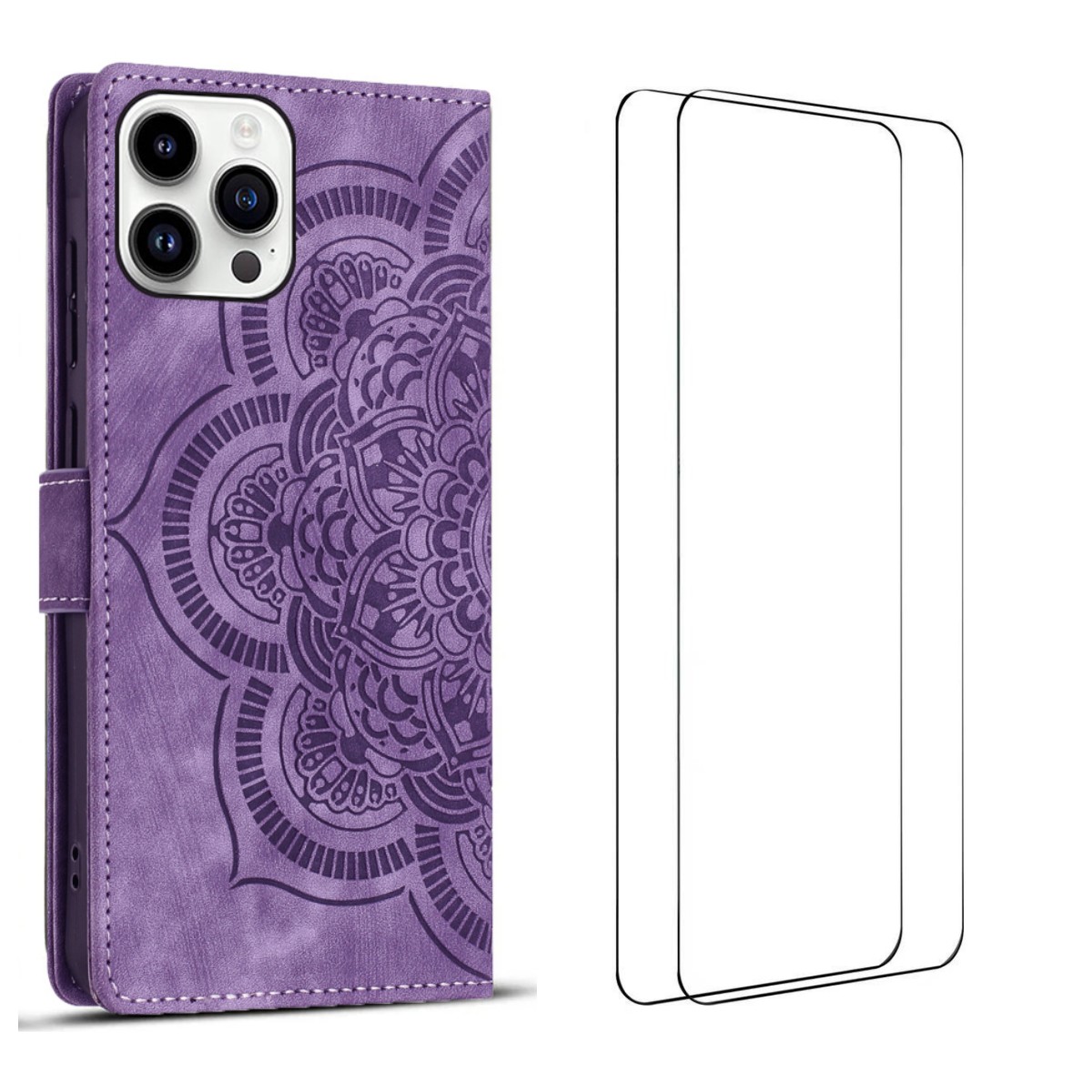For iPhone 15 Pro Case with 2Pcs Tempered Glass WANLONFENG MTL Series Mandala Leather Phone Cover - Purple