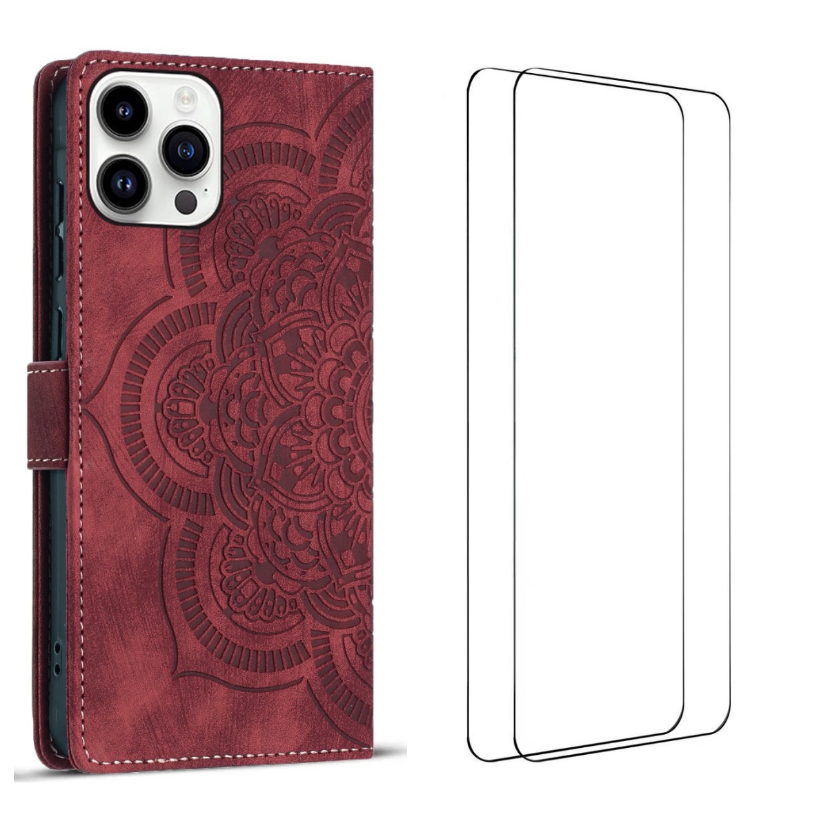 For iPhone 15 Pro Max Case with 2Pcs Tempered Glass WANLONFENG MTL Series Mandala Leather Phone Cover - Red