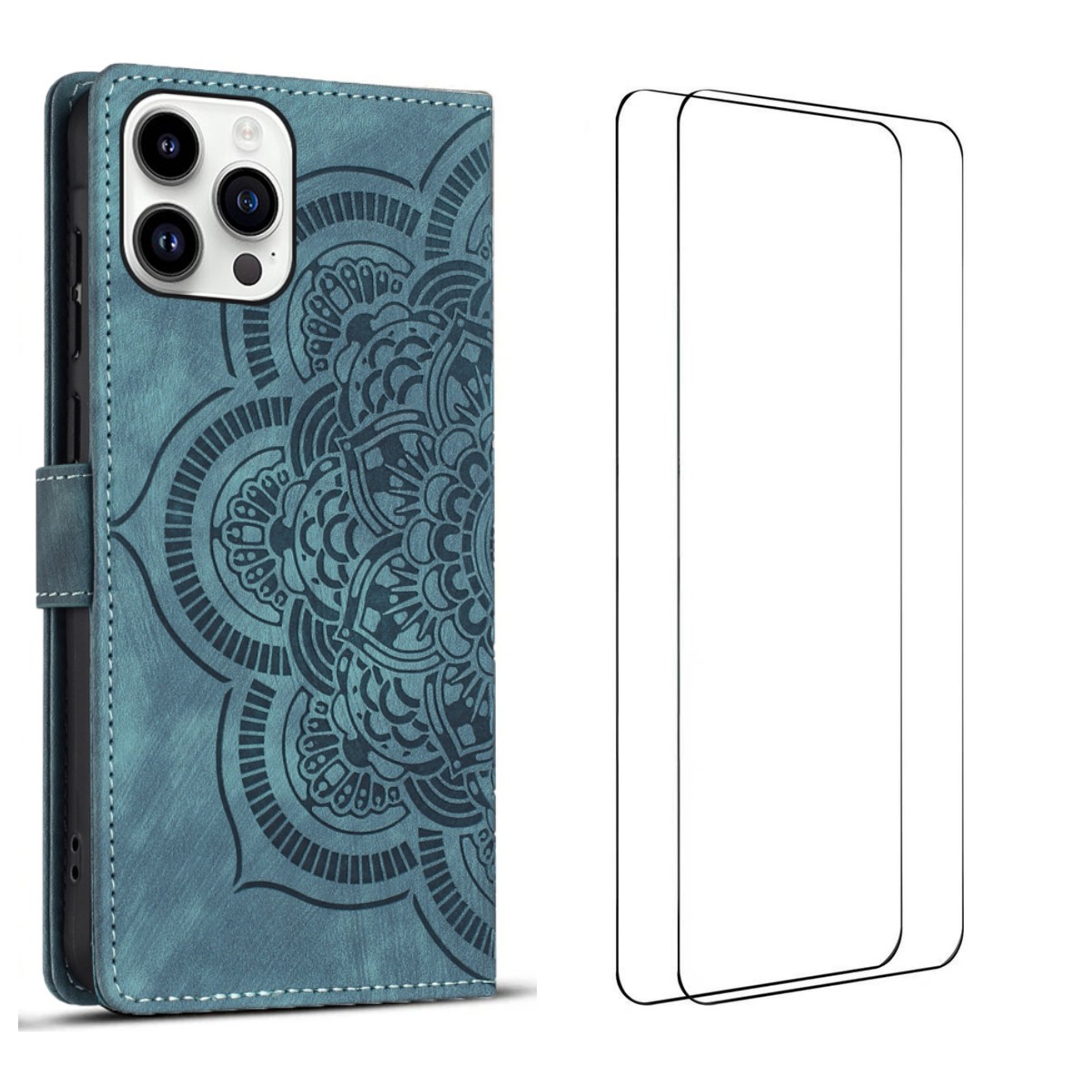 For iPhone 15 Pro Max Case with 2Pcs Tempered Glass WANLONFENG MTL Series Mandala Leather Phone Cover - Blue
