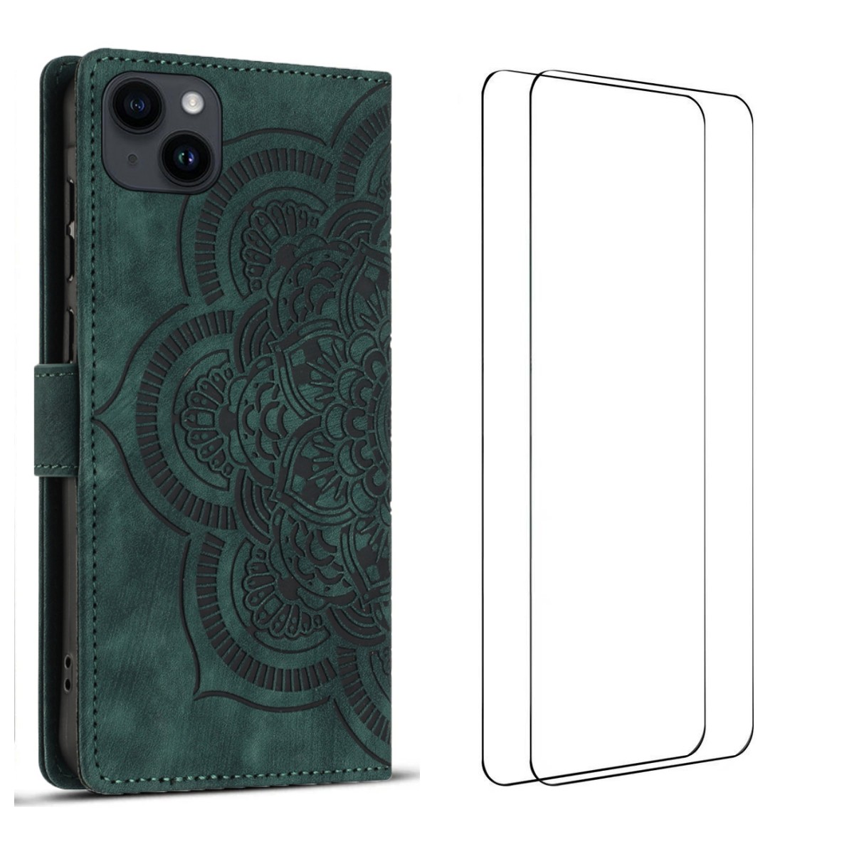 For iPhone 15 Case with 2Pcs Tempered Glass WANLONFENG MTL Series Mandala Leather Phone Cover - Midnight Green