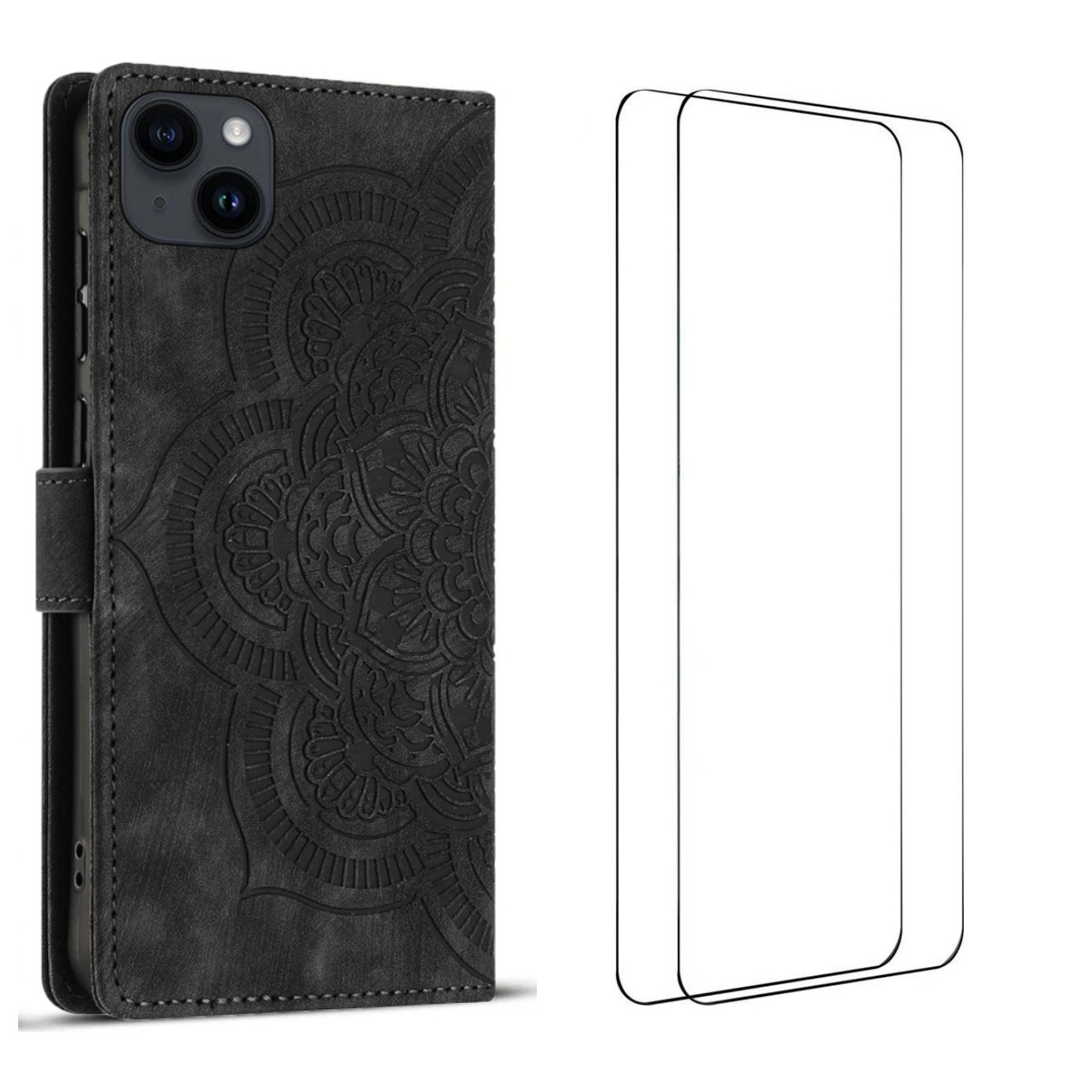 For iPhone 15 Case with 2Pcs Tempered Glass WANLONFENG MTL Series Mandala Leather Phone Cover - Black