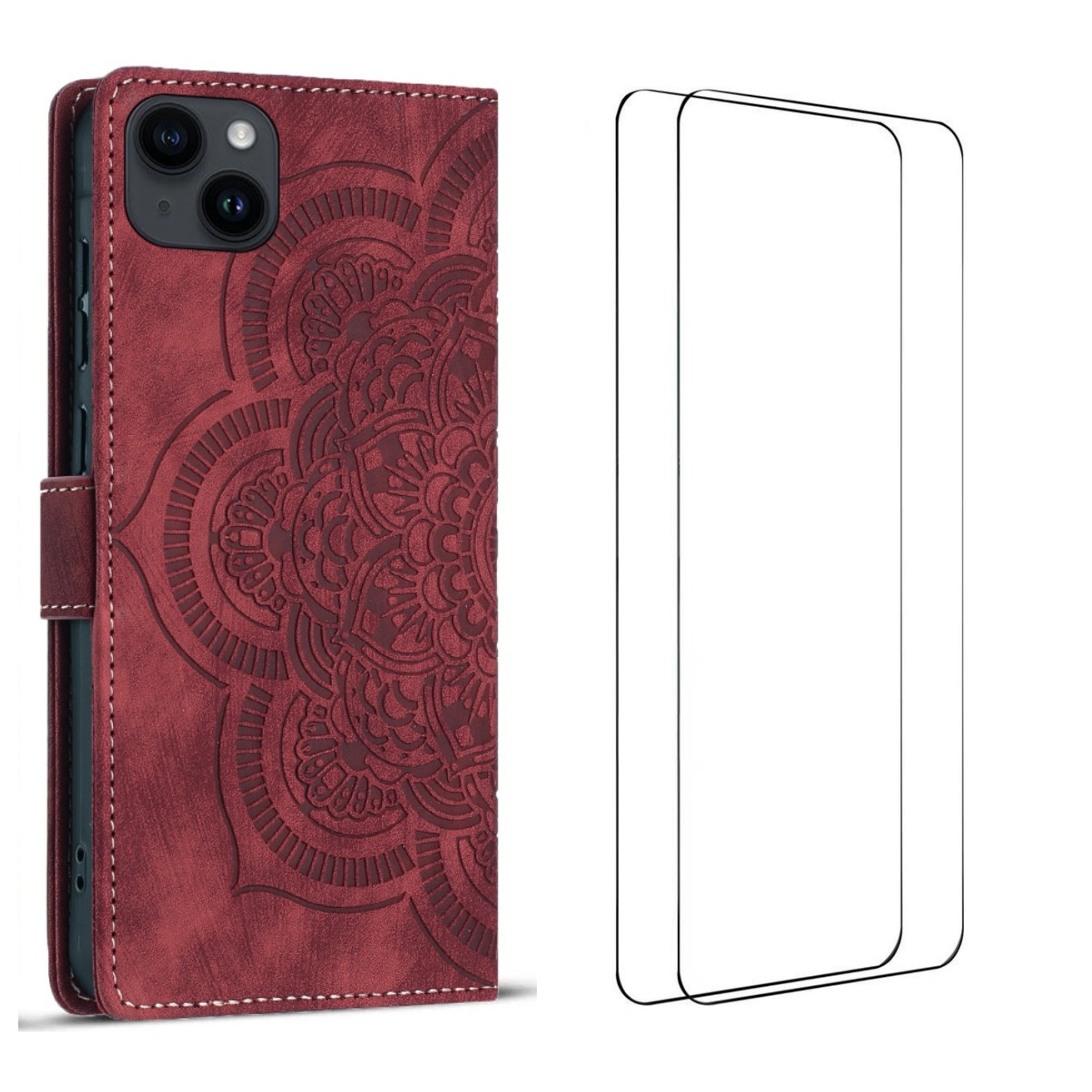 For iPhone 15 Case with 2Pcs Tempered Glass WANLONFENG MTL Series Mandala Leather Phone Cover - Red