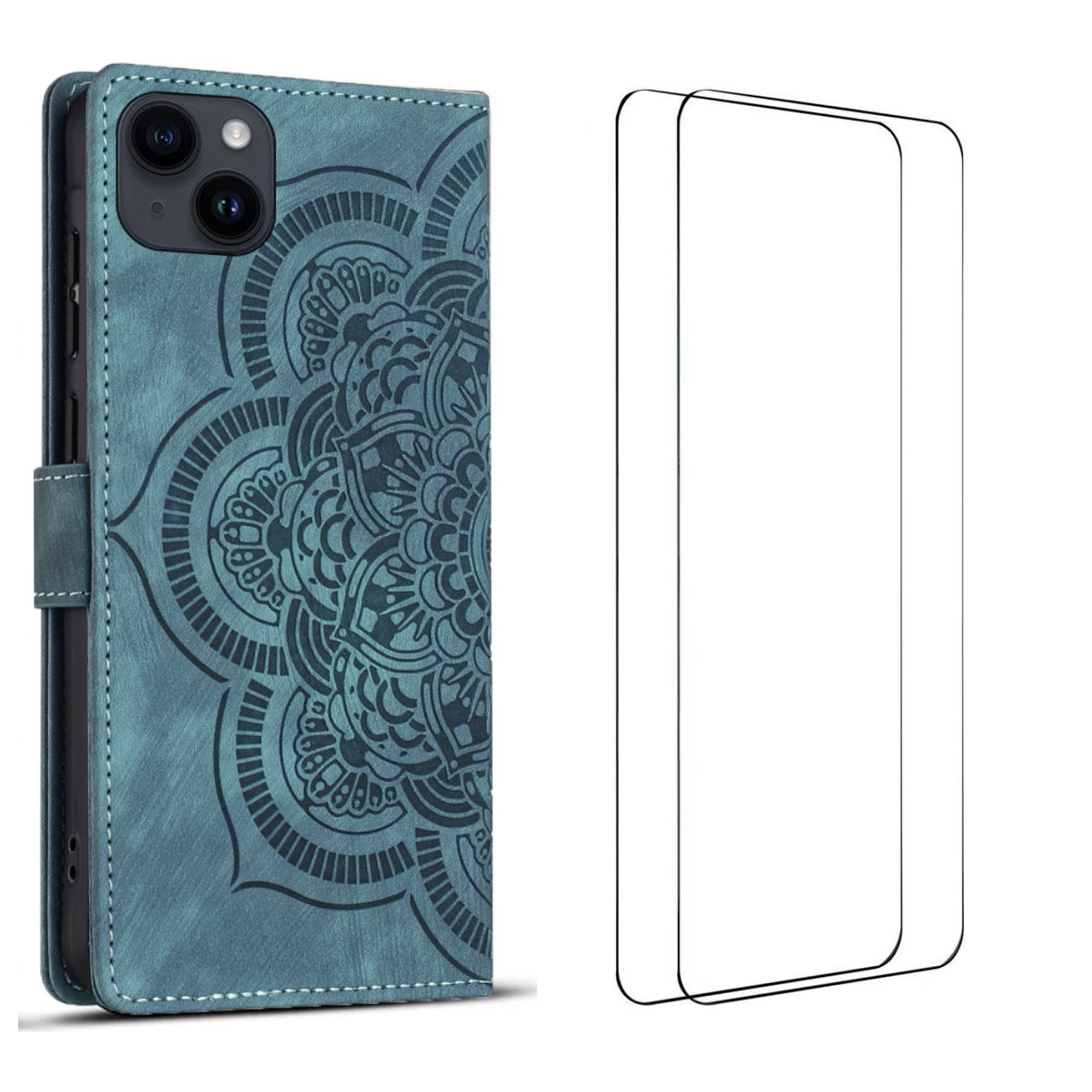 For iPhone 15 Case with 2Pcs Tempered Glass WANLONFENG MTL Series Mandala Leather Phone Cover - Blue