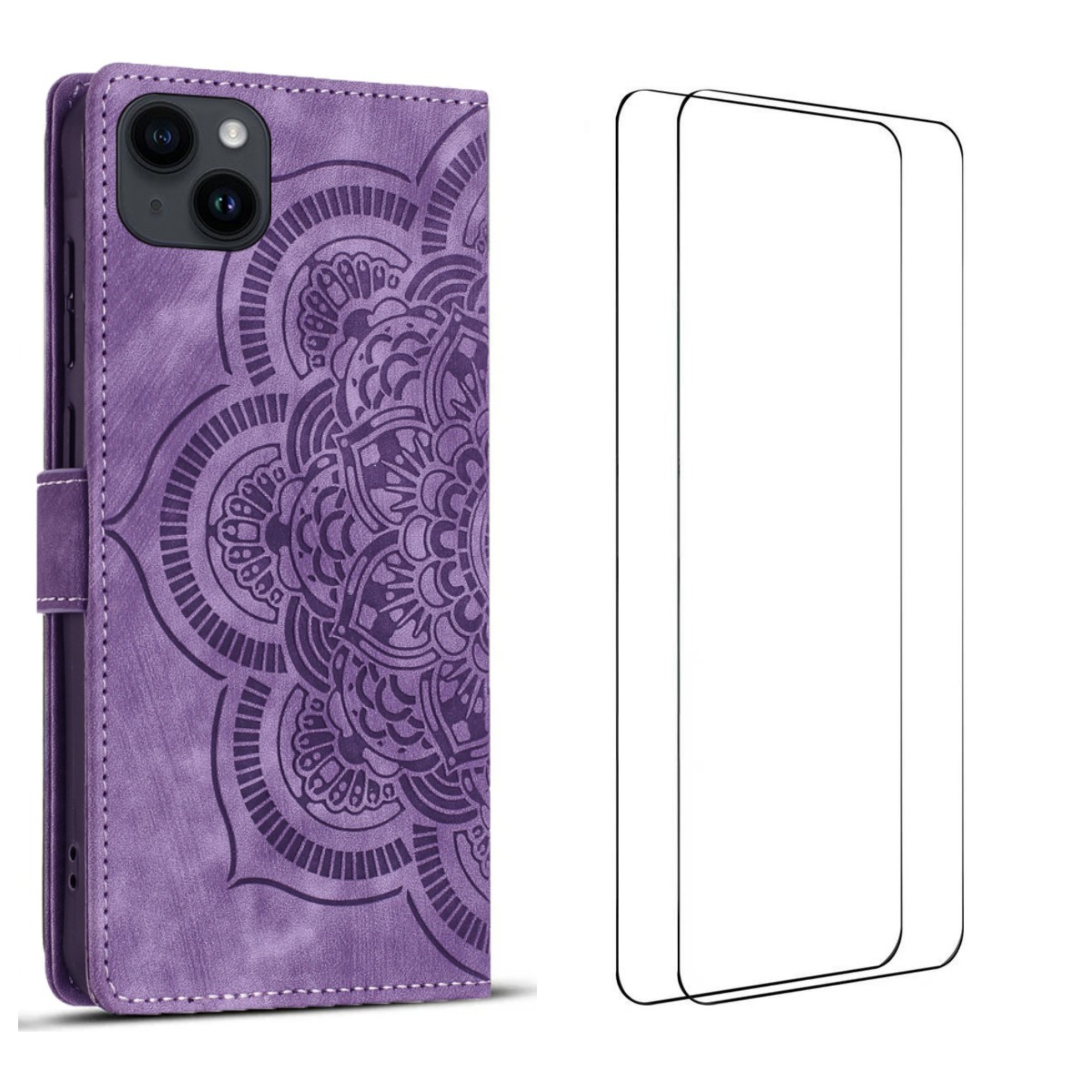 For iPhone 15 Case with 2Pcs Tempered Glass WANLONFENG MTL Series Mandala Leather Phone Cover - Purple