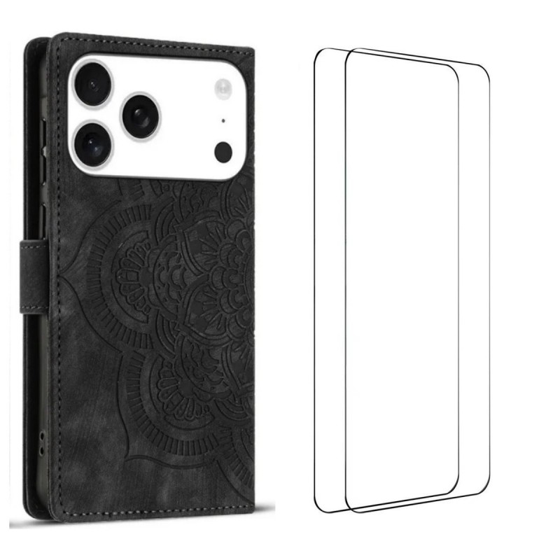 For iPhone 17 Pro Max Case with 2Pcs Tempered Glass WANLONFENG MTL Series Mandala Leather Phone Cover - Black